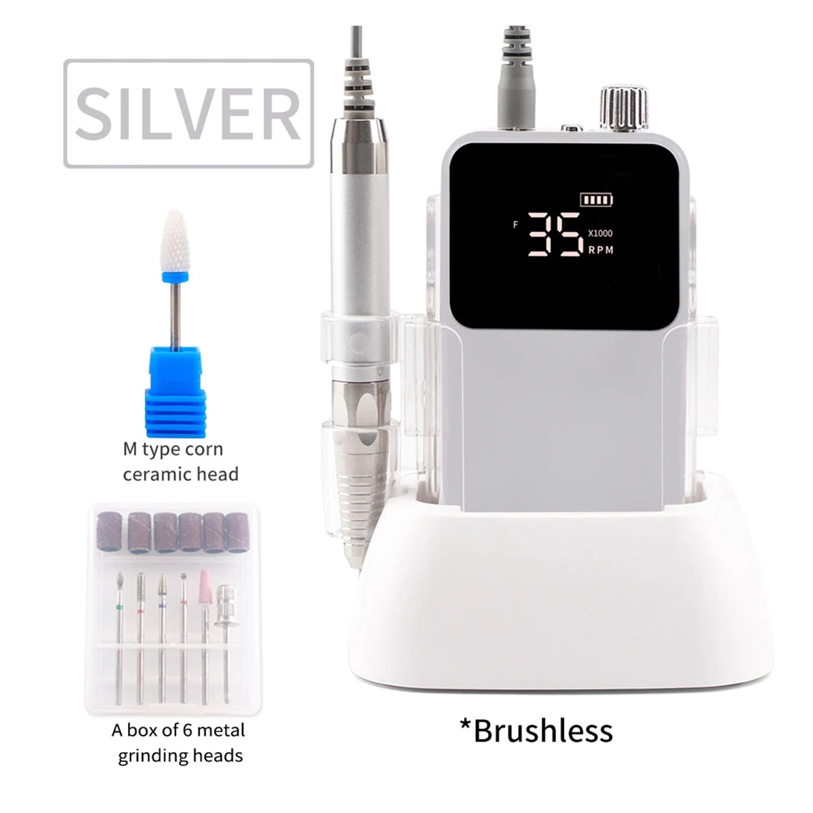 Rectangle Desktop Cordless Base Brushless Nail Drill Machine 35000rpm Drill Electric for Manicure Pedicure Rechargeable Battery