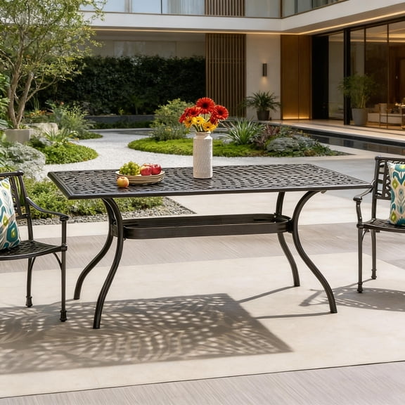 Rectangle Dining Table Outdoor Patio Table with Umbrella Hole for Garden, Deck, Poolside, Family Gatherings