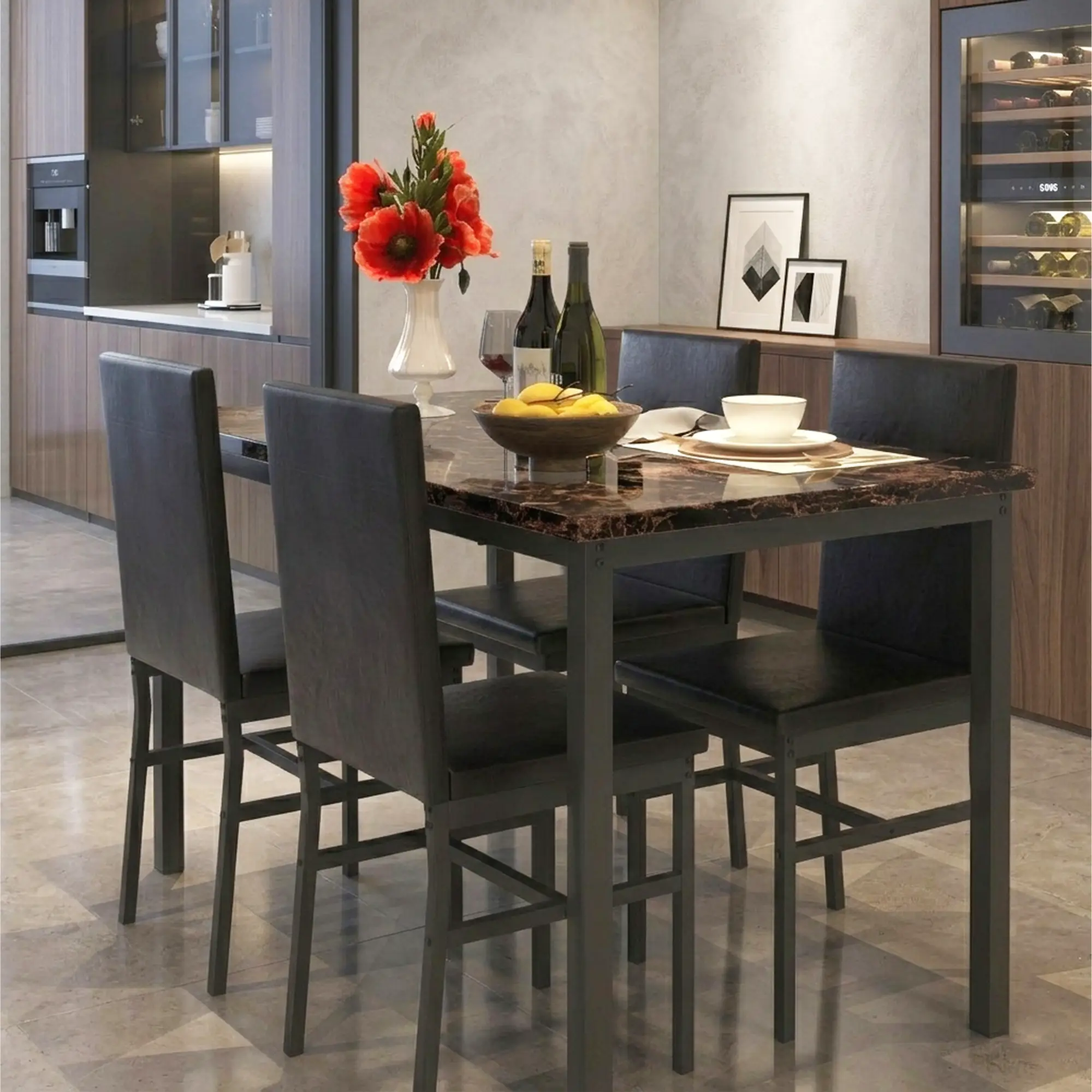 5 Piece Dining Table Set, Dining Table Set for 4, Modern Pub Bistro Table with Storage Shelf for Kitchen, Coffee Shop, Small Space
