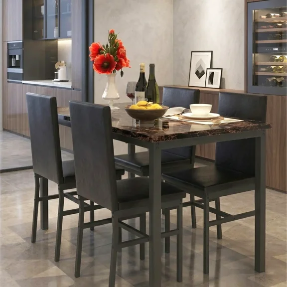 5 Piece Dining Table Set, Dining Table Set for 4, Modern Pub Bistro Table with Storage Shelf for Kitchen, Coffee Shop, Small Space