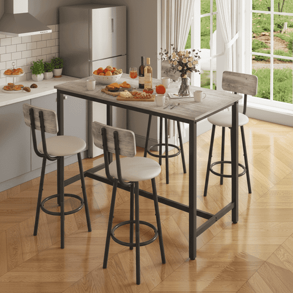 Bar Table Set for 4, Counter Height Dining Table and Chairs Set,with 4 PU Upholstered bar stools and marble wood finishbar table ,Suitable for apartments or bars, grey