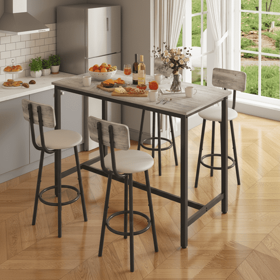 Bar Table Set for 4, Counter Height Dining Table and Chairs Set,with 4 PU Upholstered bar stools and marble wood finishbar table ,Suitable for apartments or bars, grey