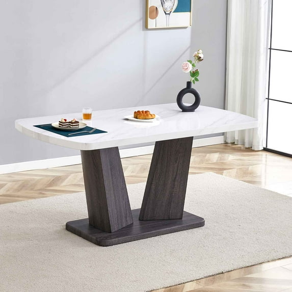 Rectangle Dining Table for 6 to 8, 63" Kitchen Table with V-Shape MDF Base, Modern Wood Dinner Table Furniture for Dining Room Kitchen, White