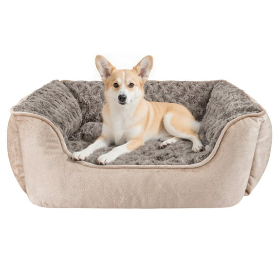 Washable Dog Beds for Small to Medium Dogs, Cat Beds for Indoor Cats, Rectangle Pet Beds with Anti Slip Bottom, Beige, 25"×21"×8"