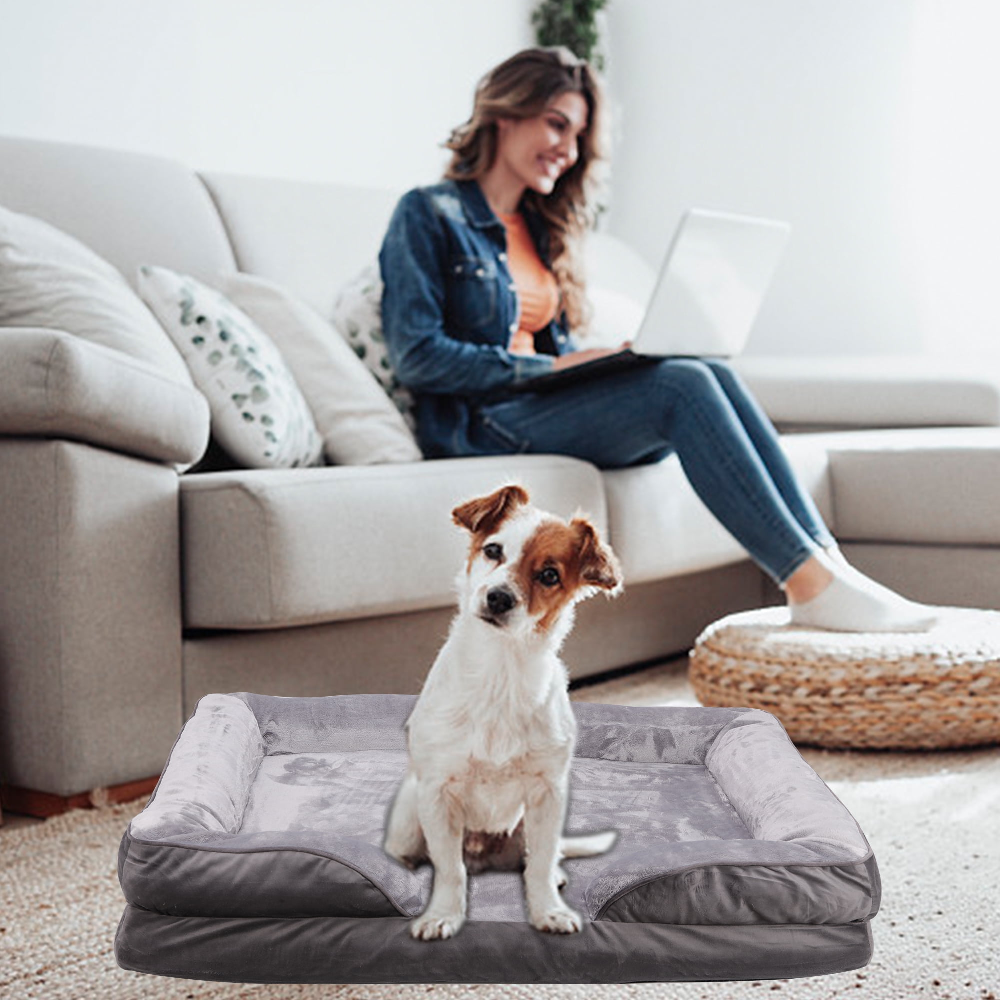 Rectangle Dog Bed for Medium Small Dogs Washable, Indoor Pet Bed Orthopedic Dog Bed with Nonskid Bottom, Gray, L