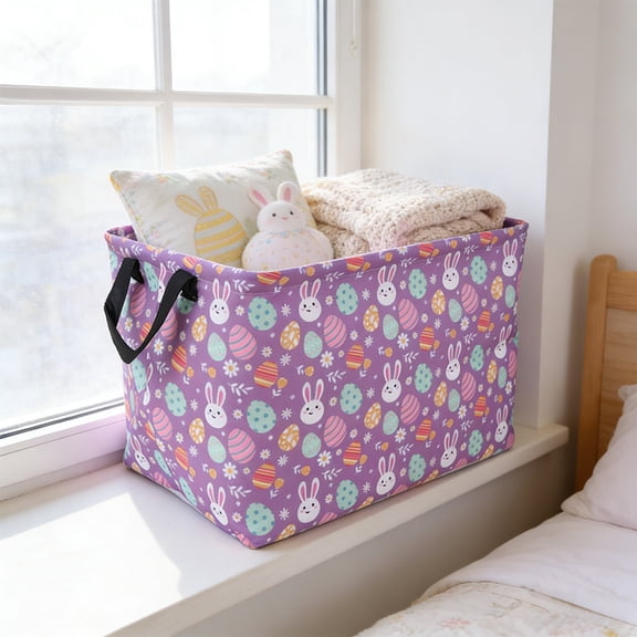 Rectangle Easter Gift Storage Basket, Home Foldable Fabric Collapsible Bin with Handles, Multi-purpose Organizer for Toys Blankets with Flowers Bunny Eggs Print