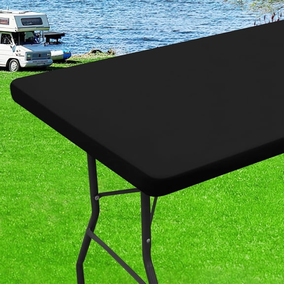 Rectangle Elastic Fitted Tablecloth, Waterproof Fabric Table Cover, Washable Polyester for Picnic, Camping, Outdoor (Black)