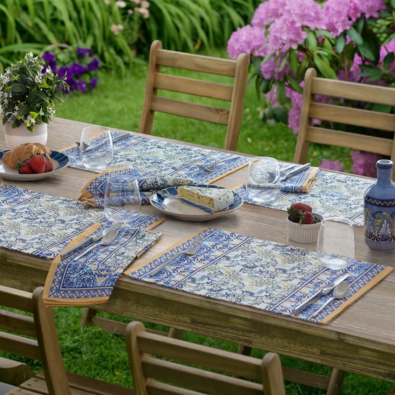 Rectangle Fabric Placemats Set Of 4 Allure Yellow And Blue Floral Bordered Print Indoor Outdoor Stain Water Resistant Provence French Country