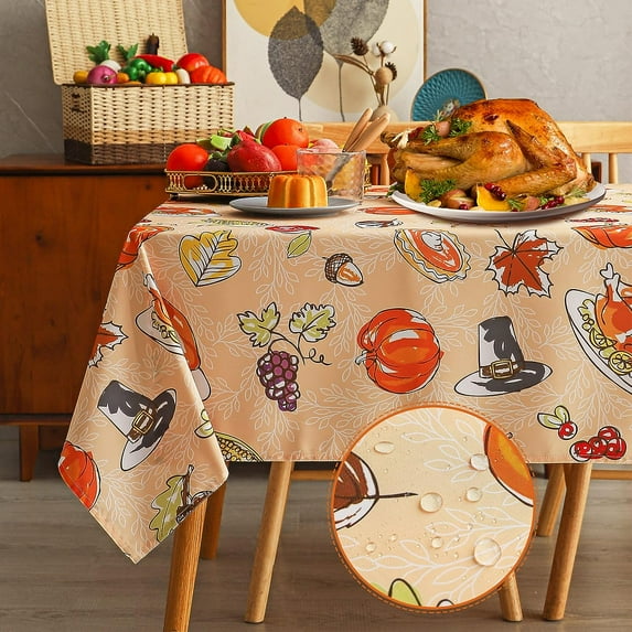 Rectangle Fall Thanksgiving Tablecloth - Pumpkin Turkey Decorative Holiday Table Cloth, Waterproof and Washable Table Cover for Party Kitchen Dining Room, 60 x 120 Inch, 160GSM
