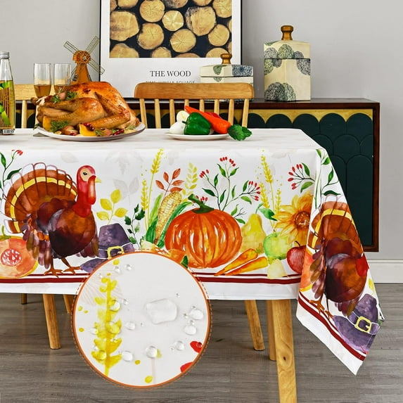 Rectangle Fall Thanksgiving Tablecloth - Pumpkin Turkey Decorative Holiday Table Cloth, Waterproof and Washable Table Cover for Party Kitchen Dining Room, 60 x 84 Inch