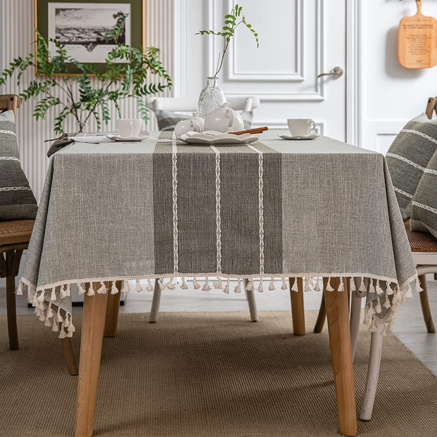 Rectangle Farmhouse Crochet Tablecloths Buffalo Rustic Boho Table Cloth Tassel Cotton Linen
