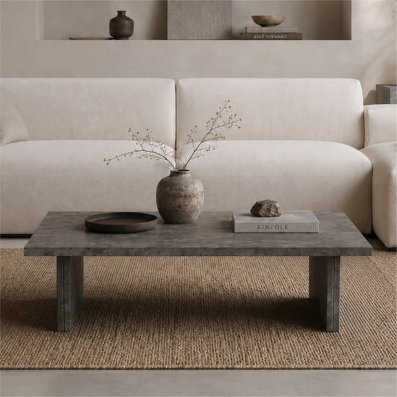 Rectangle Faux Concrete Coffee Table, Stone Look Center Table with Slab Legs - Modern