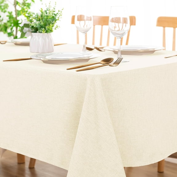 Rectangle Faux Linen Tablecloth - Textured Waterproof Spill-Proof Wrinkle and Stain Resistant Table Cloth Decorative Fabric Farmhouse Cover for Kitchen Dining, 60 x 102 Inch, Champagne