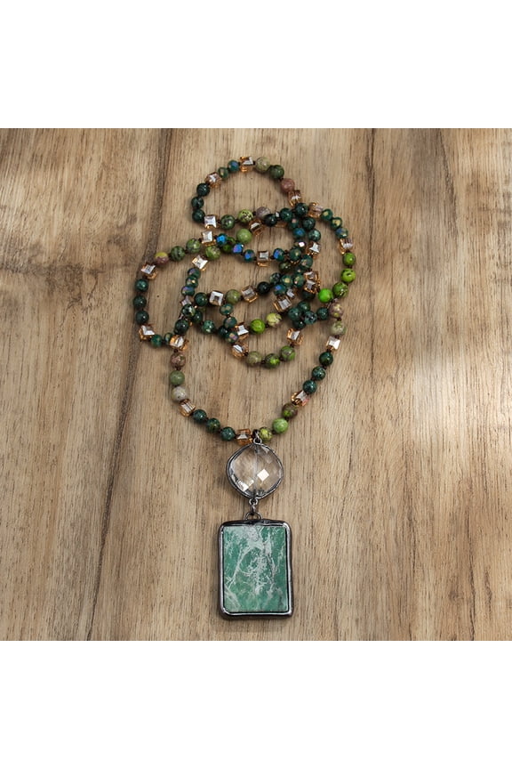 Rectangle & Flat Round Bohemian Style Natural Tree Agate with Glass Pendant Necklaces 33.86~34.65 inch(86~88cm)