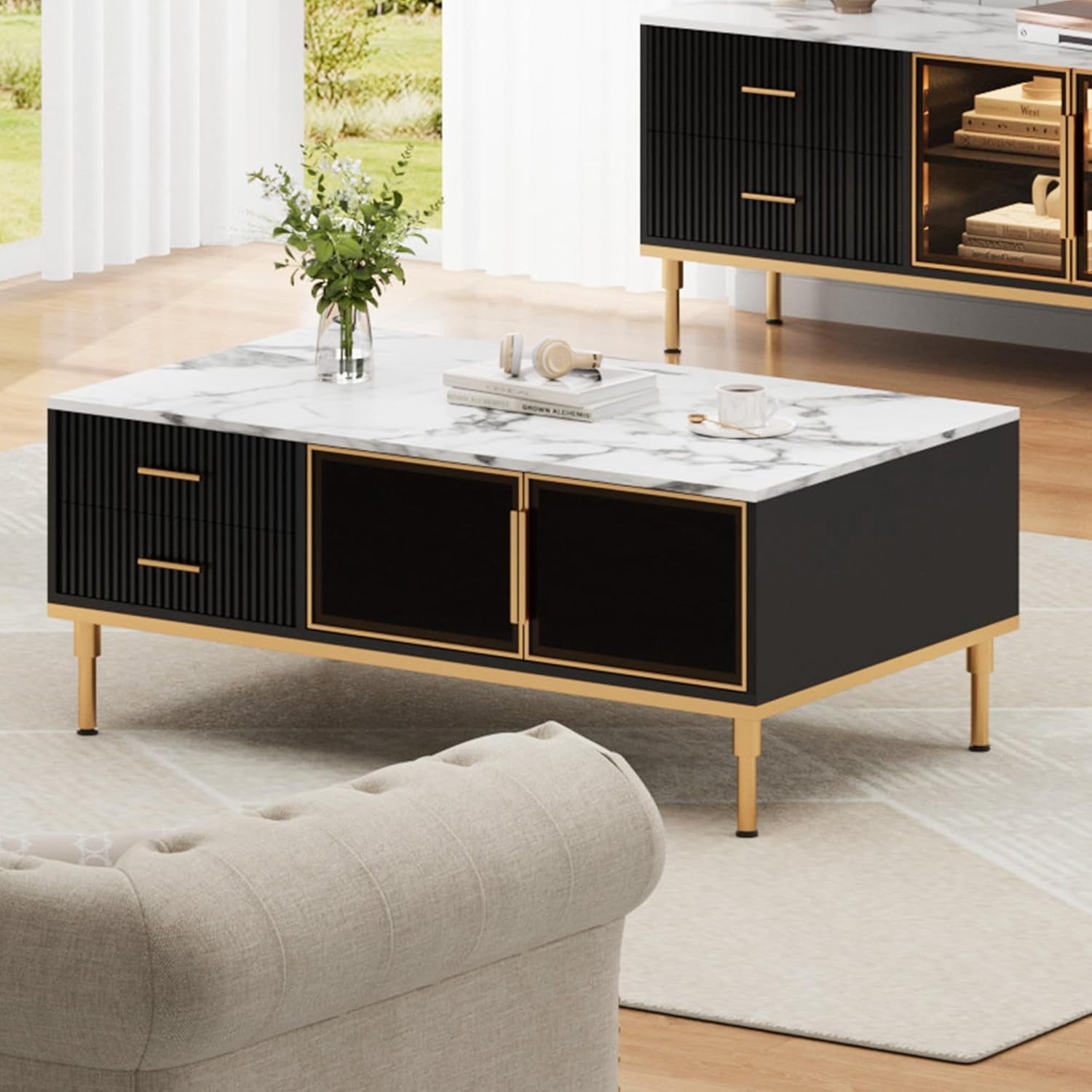 Rectangle Fluted Cocktail Table with 4 Drawers, 4 Glass Doors, Faux ...