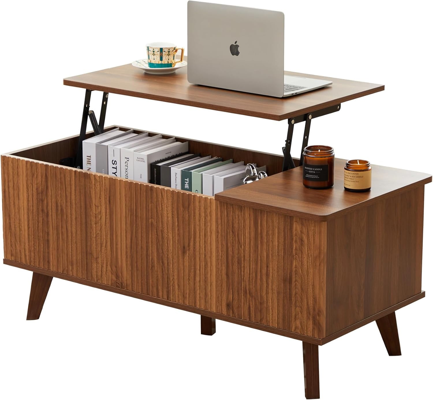 Rectangle Fluted Coffee Table with Storage and Sliding Drawers Light Wood Coffee Table Mid ...