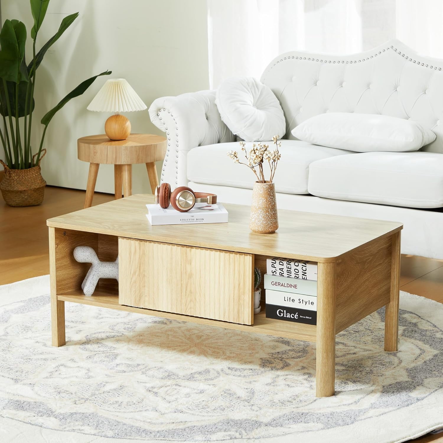 Rectangle Fluted Coffee Table with Storage and Sliding Drawers, Light Wood Coffee Table, Mid ...