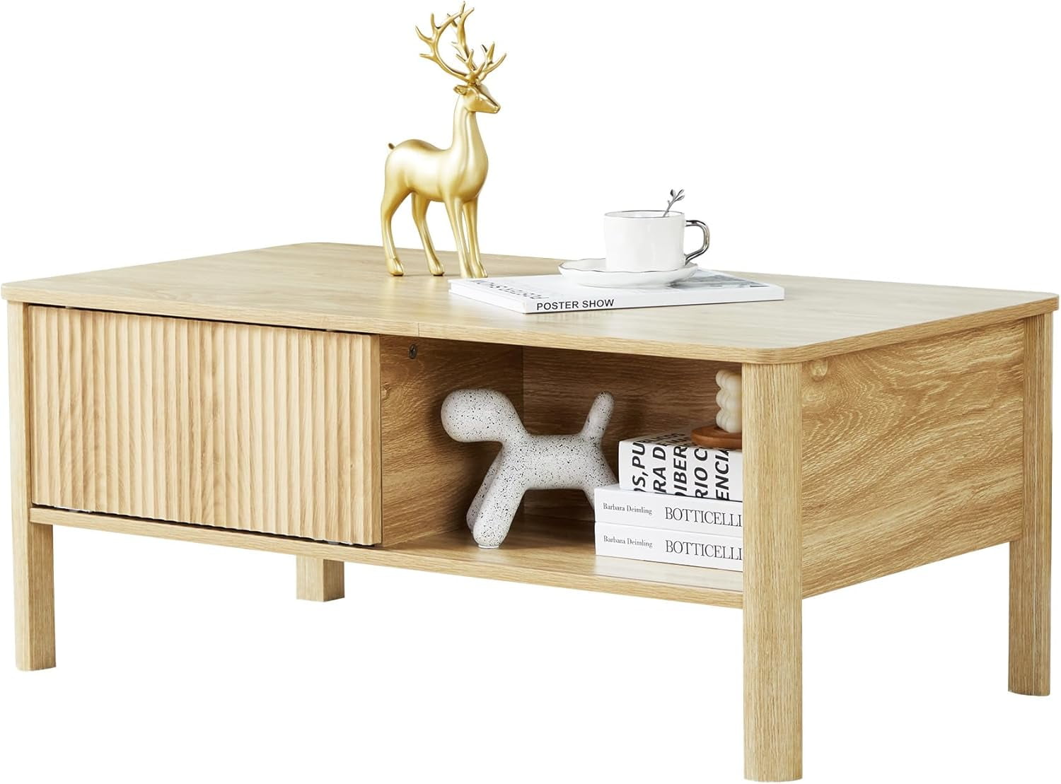 Rectangle Fluted Coffee Table with Storage and Sliding Drawers, Light ...