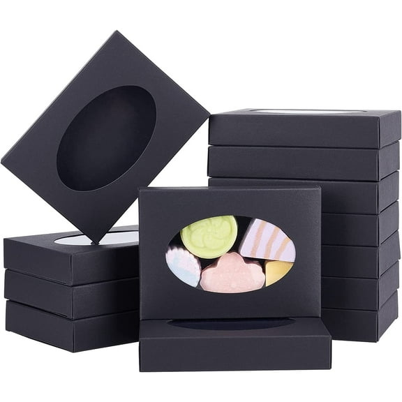 Rectangle Foldable Creative Cardboard Boxes Gift Boxes with Oval PVC Window Black 14x10x2.5cm