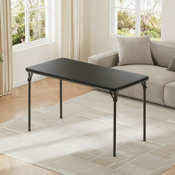 Rectangle Folding Table, Card Table with Anti-Slip Feet Caps, Metal Legs Support, Upholstered PU Leather Tabletop, Protable Foldable Table