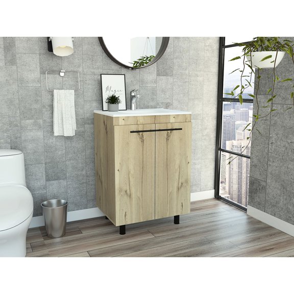 Rectangle Freestanding Vanity | Drop - in Sink, Two - Door Convenience for Hidden Items | Light Oak Wood Finish | Functional Solution in Utility Room