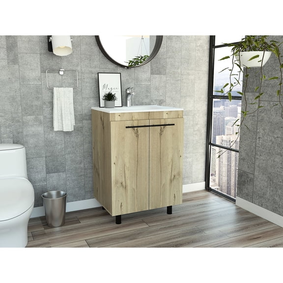 Rectangle Freestanding Vanity in Light Oak with Drop-In Sink / 2 Doors, Clean and Tidy Storage