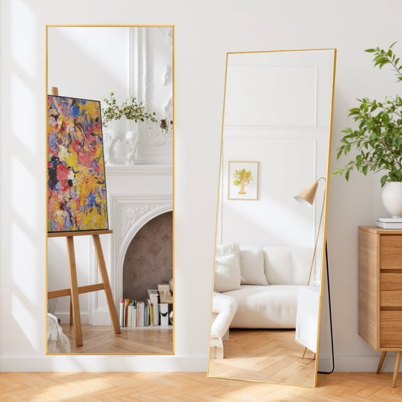 TINKLE WELL Rectangle Full-Length Mirror, 64"x21" Inch Freestanding, Wall-Mounted or Leaning Floor Mirror, Sleek Gold Aluminum Alloy Frame, Placed in Bedroom, Cloakroom, or Living Room