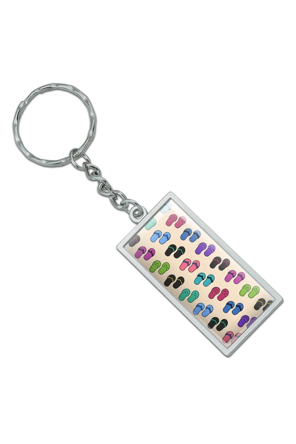 Rectangle Fun Colorful Flip Flops on Sand Pattern Keychain in Chrome Plated Metal