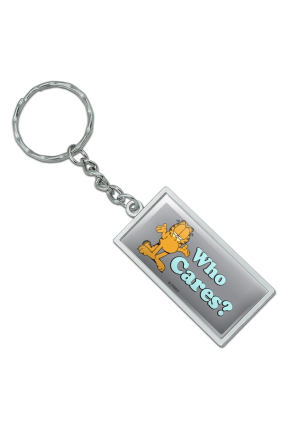 Rectangle Garfield Who Cares? Keychain in Chrome Plated Metal