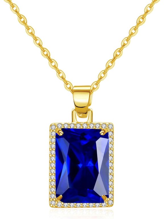 Rectangle Gemstone Pendant Necklace | Ruby Crystal & Created-Emerald Birthstone Necklace | 18K Platinum Gold Plated Chain | Meaningful Jewelry Gift For Mother Daughter Girlfriend[Z2328]