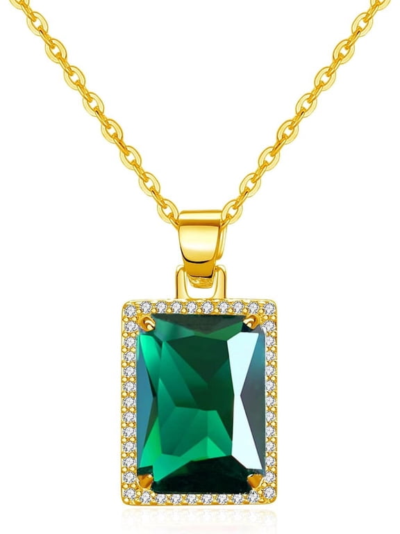 Rectangle Gemstone Pendant Necklace | Ruby Crystal & Created-Emerald Birthstone Necklace | 18K Platinum Gold Plated Chain | Meaningful Jewelry Gift For Mother Daughter Girlfriend[Z2331]