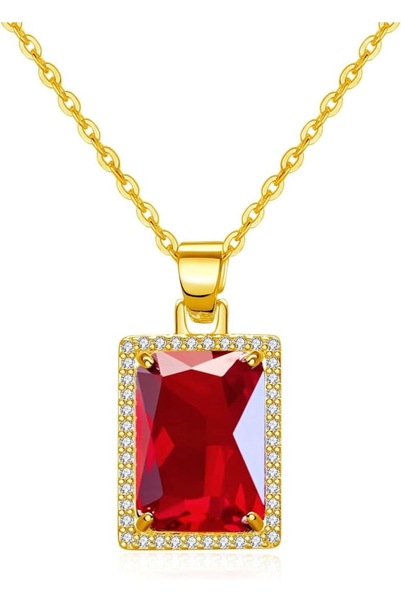 Rectangle Gemstone Pendant Necklace | Ruby Crystal & Created-Emerald Birthstone Necklace | 18K Platinum Gold Plated Chain | Meaningful Jewelry Gift For Mother Daughter Girlfriend[Z2327]