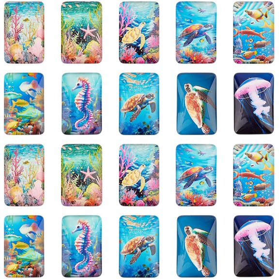 Rectangle Glass Cabochons 20pcs 10 Styles Ocean Glass Cabochons Marine Organism Cabochon Tiles Flat Back Dome Cabochons for Photo Cameo Pendant Jewelry Making 1.3×2 inch