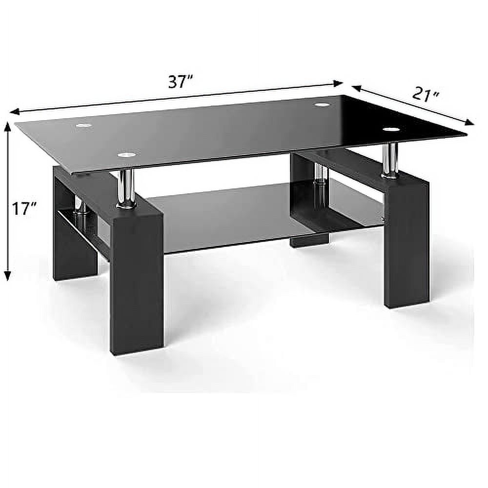 Rectangle Glass Coffee Table, 2Tier Center Table Modern Black Side Coffee Table for Living Room
