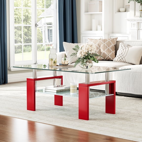 37.2" Modern Glass Coffee Table, 2-Layer Tempered Glass Top with Storage Shelf, Stainless Steel Frame, Minimalist Accent Table for Living Room