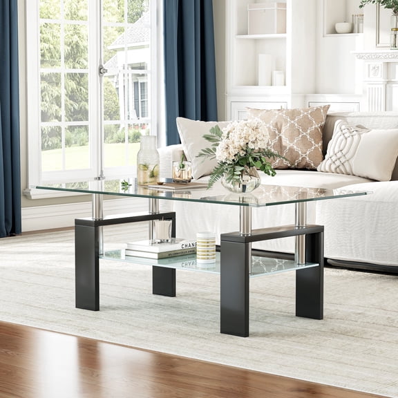 37.2" Modern Glass Coffee Table, 2-Layer Tempered Glass Top with Storage Shelf, Stainless Steel Frame, Minimalist Accent Table for Living Room