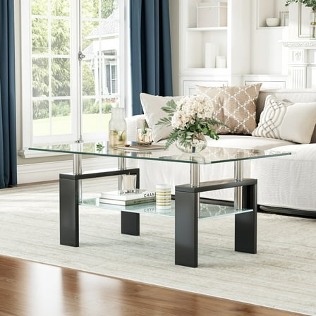 Rectangle Glass Coffee Table, 37.2"  2-Tier Modern Tea Table with Storage Shelf for Living Room