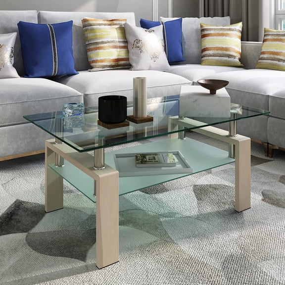 Rectangle Glass Coffee Table, Clear Coffee Table, Modern Side Center Tables for Living Room, Living Room Furniture (Oak)