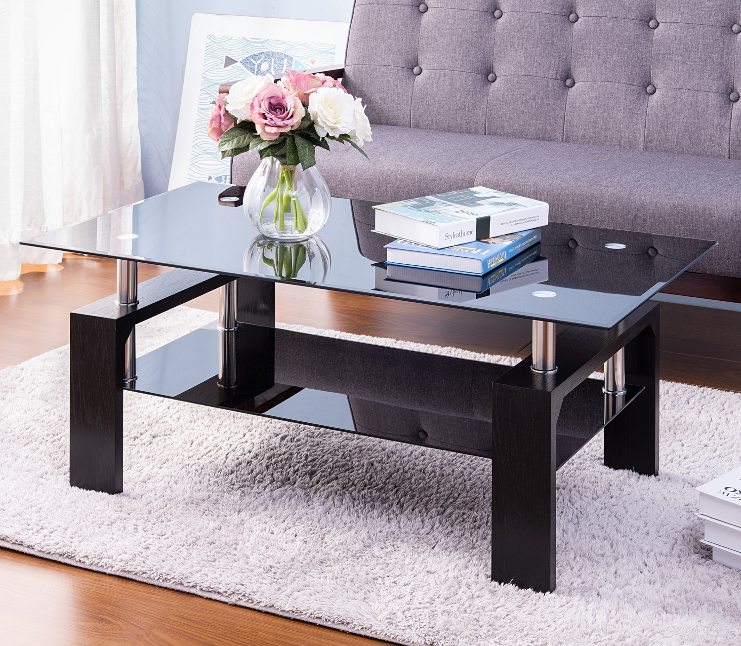 Rectangle Glass Coffee Table, Modern Side Center Table with Shelf & Wood Legs, Mid-Century Tempered Glass Top Tea Table for Living Room, Home Furniture Cocktail Coffee Table - Black, B1257 - image 1 of 8
