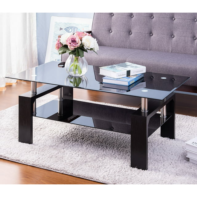 Rectangle Glass Coffee Table, Modern Side Center Table with Shelf & Wood Legs, Mid-Century Tempered Glass Top Tea Table for Living Room, Home Furniture Cocktail Coffee Table - Black, B1257