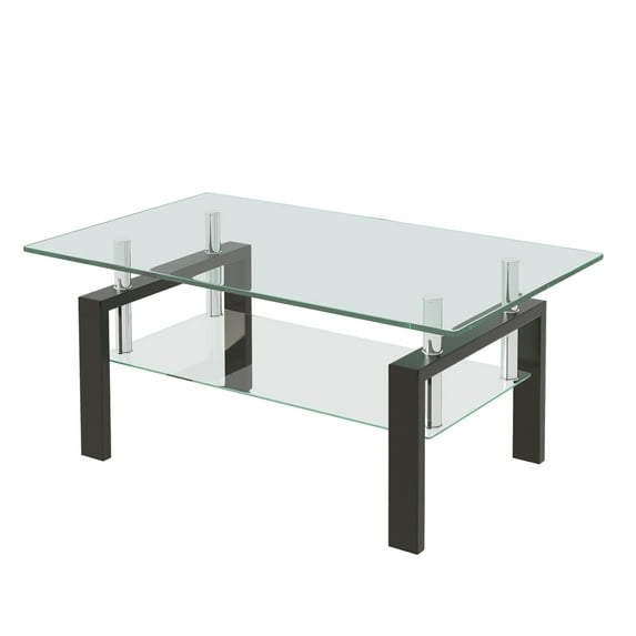 Rectangle Glass Coffee Table, Modern Side Coffee Table For Living Room, 2-Tier Tea Table With Tempered Glass Tabletop, Lower Shelf For Living Room