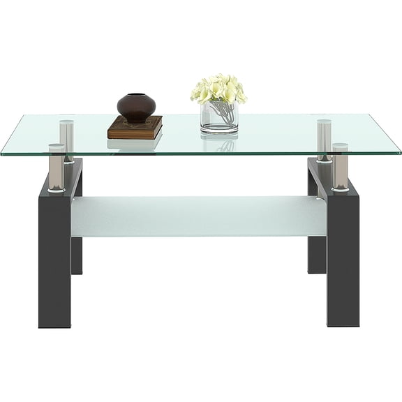 Rectangle Glass Coffee Table for Living Room, Center Table, Sofa Table, with Black Metal Legs, Clear Tempered Glass Top (Black, Coffee Table)