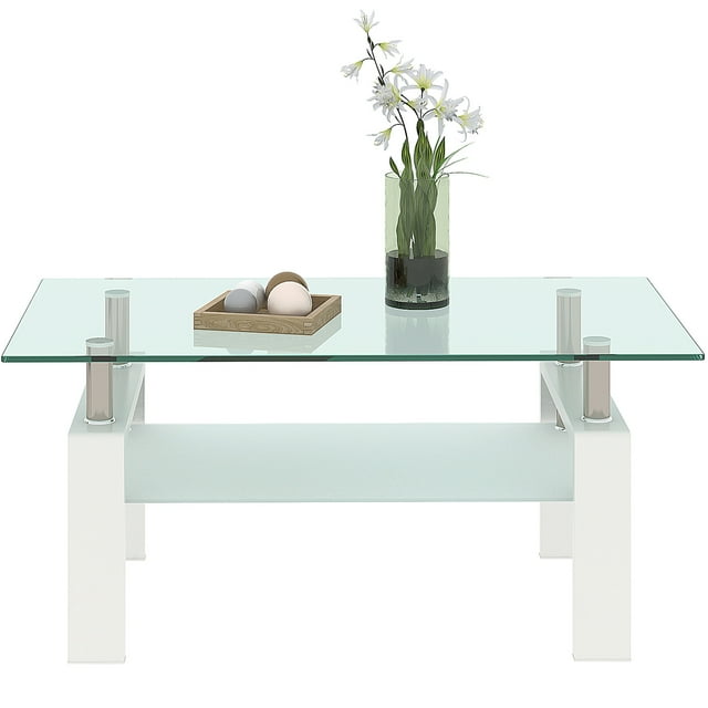 Stylish Rectangle Glass Coffee Table with White Metal Legs and Clear
