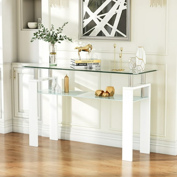 Rectangle Glass Console Table, 47.2" 2-Tier Modern Narrow Table with Storage Shelf for Hallway, Entryway, Living Room