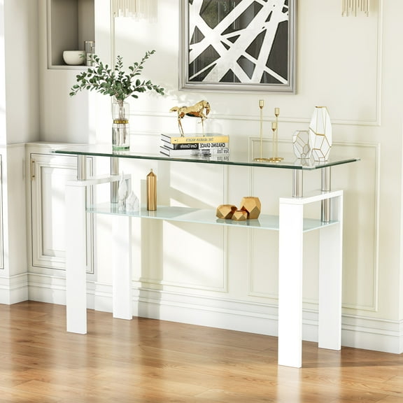 Rectangle Glass Console Table, 47.2" 2-Tier Modern Narrow Table with Storage Shelf for Hallway, Entryway, Living Room