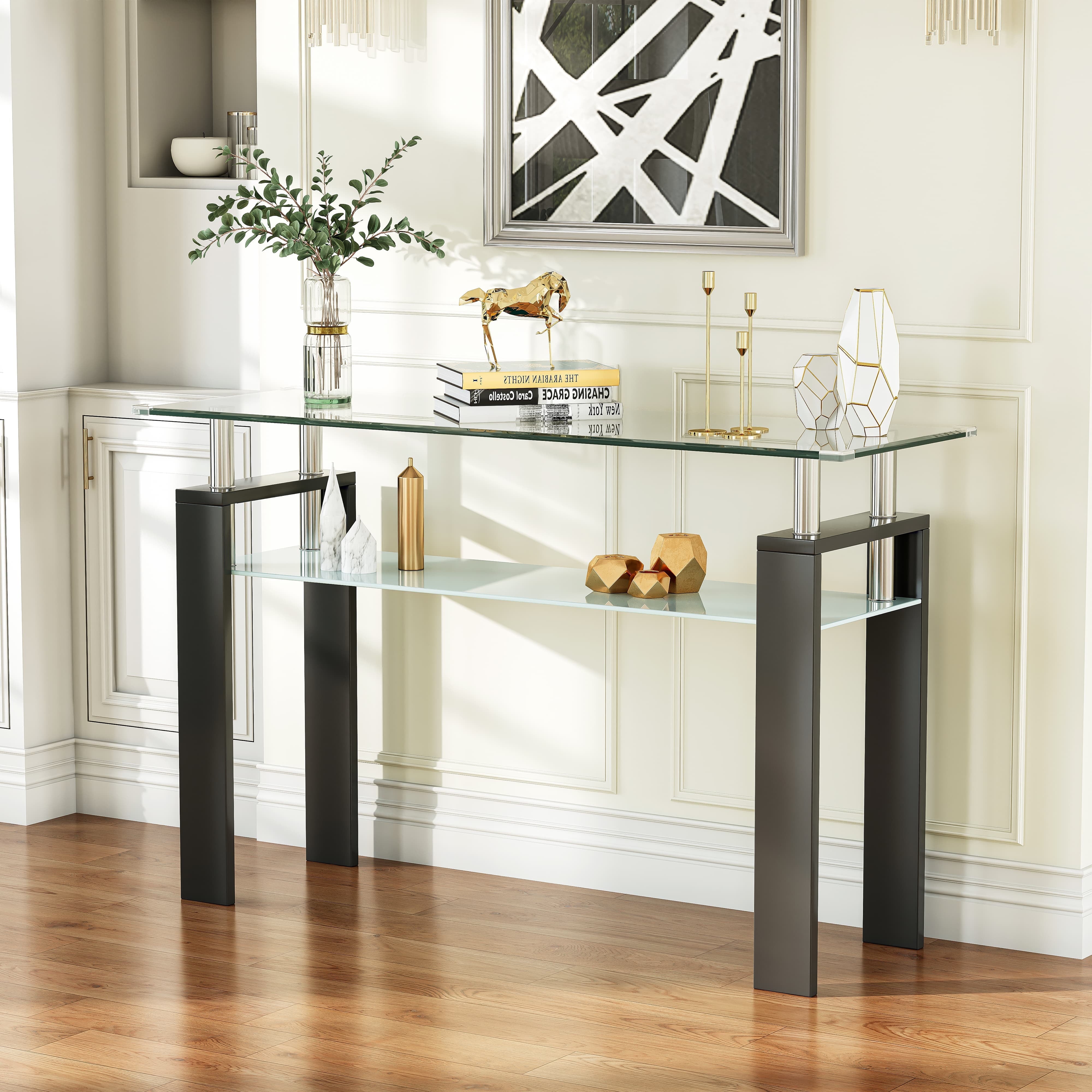 Rectangle Glass Console Table, 47.2" 2-Tier Modern Narrow Table with Storage Shelf for Hallway, Entryway, Living Room
