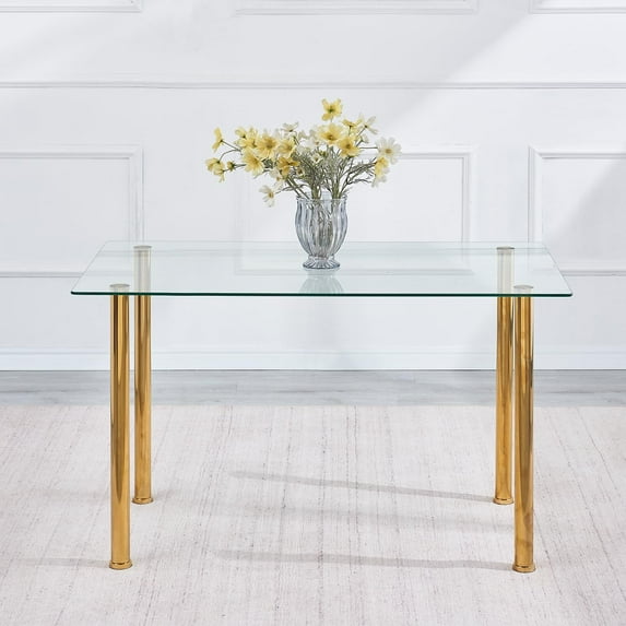 Rectangle Glass Dining Table with Clear Top and Golden Legs,Glass Golden Kitchen Table for Restaurant, Apartment and Small Space(47.24" x 27.55" x 29.5")