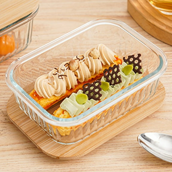 Rectangle Glass Lunch Box with Wooden Lid,15oz Bento Box, Microwave & Freezer Safe, Leakproof Food Storage Container,Eco-Friendly Sealed Lunchbox, Airtight Kitchenware