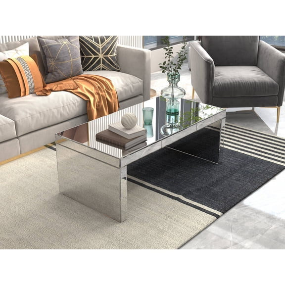 Rectangle Glass Mirrored Coffee Table Silver Accent Table Modern Full Mirror Coffee Table for Living Room