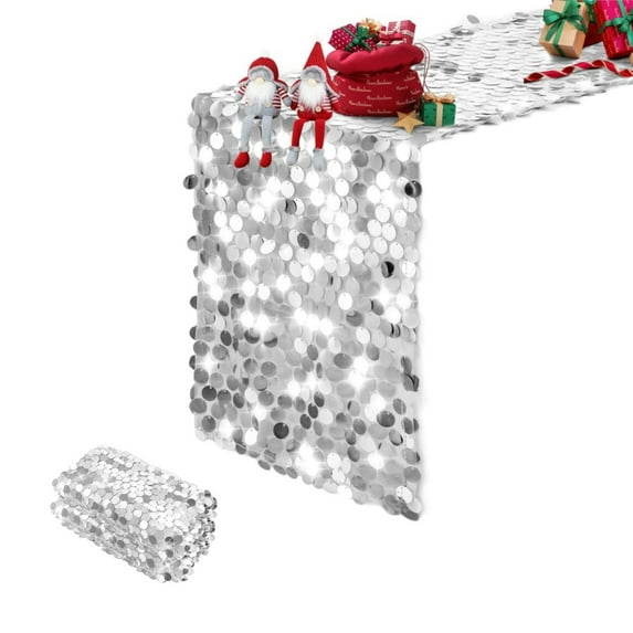 Rectangle Glitter Table Runner,QZS Sequin Table Runner for Bachelorette Party,11.8"x9Ft Silver Reuable Party Decorations for Outdoor Decor